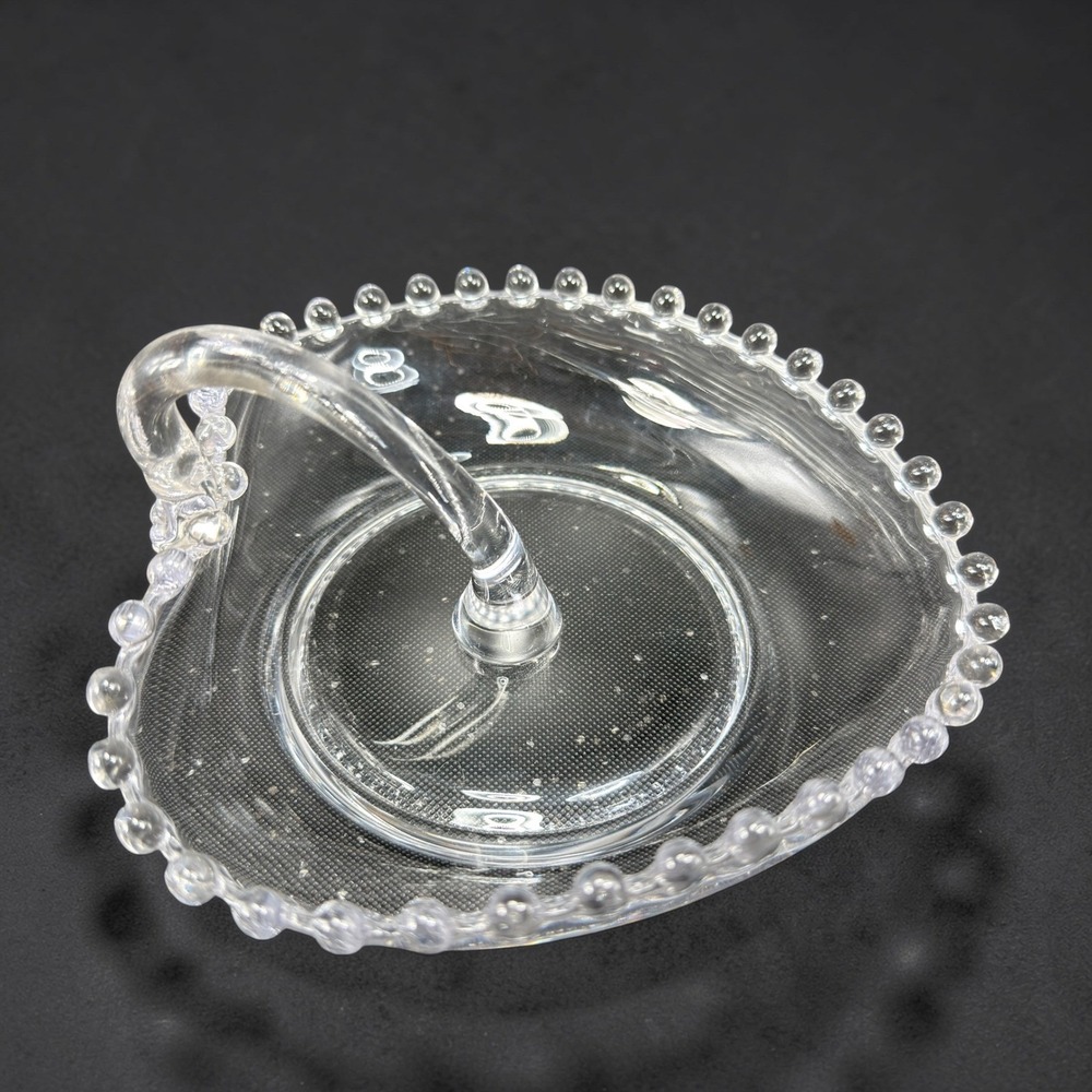 Imperial Glass Candlewick Heart Clear‎ Glass Nappy Dish Loop Handle Beaded Rim